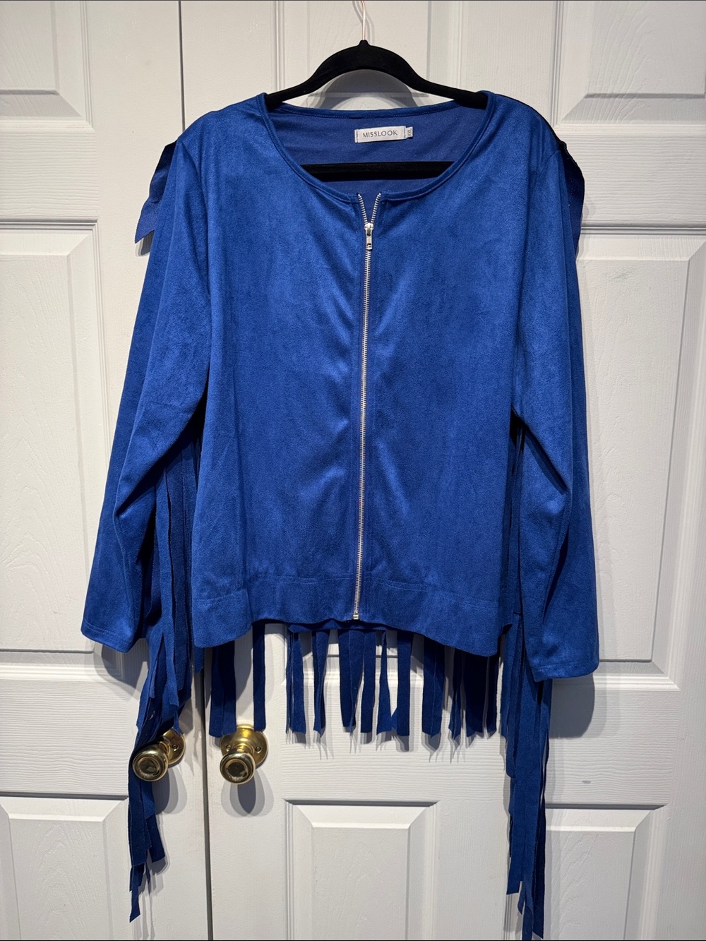 MISSLOOK Electric Blue Suede-Look Fringe Zip Jacket - Picture 2 of 4